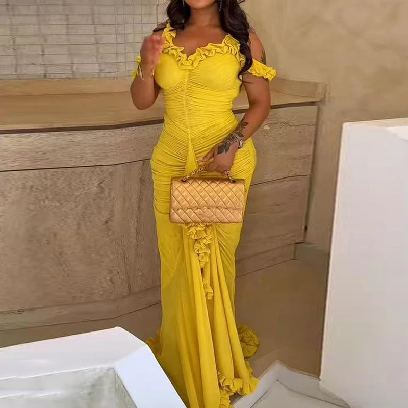 Elegant Halter Neck Hollow Evening Dress Women Sexy Sleeveless Hight Waist Solid Long Dress Fashion Irregular Draped Slim Dress