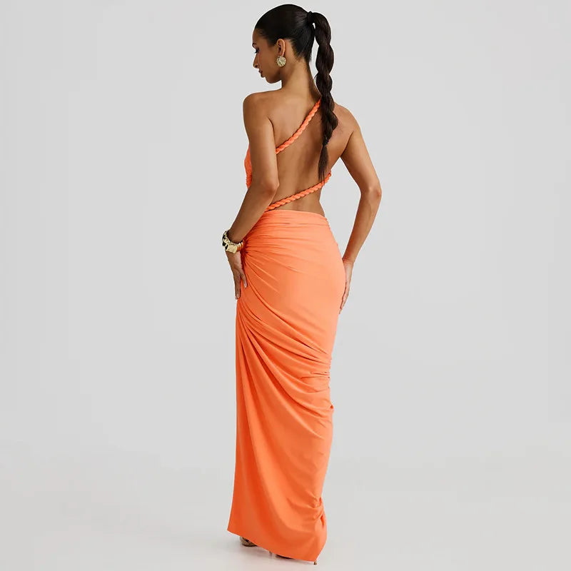 BOOFEENAA Asymmetrical Ruched Backless High Split Long Dresses 2025 Woman Summer Dress Elegant Sexy Vacation Outfits C70-FD75