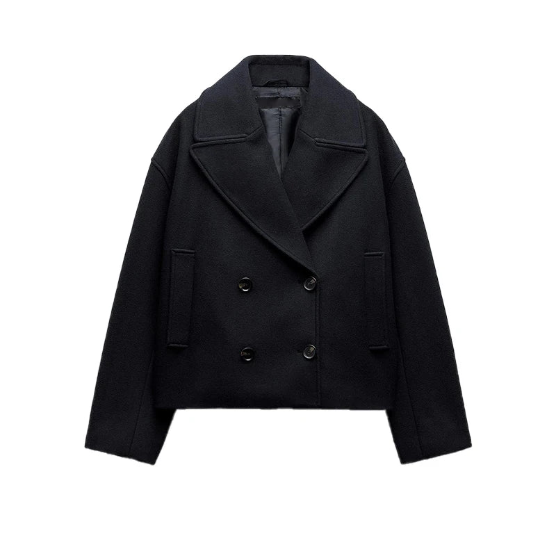Double Breasted Cropped Jacket With Turn Down Collar for Women