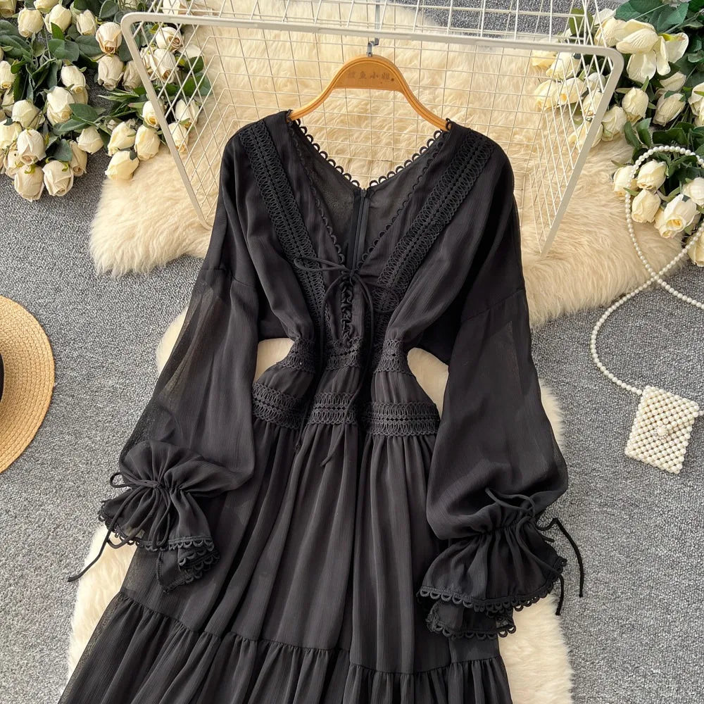 Elegant French V-Neck Waist-Cinching Maxi Dress for Women