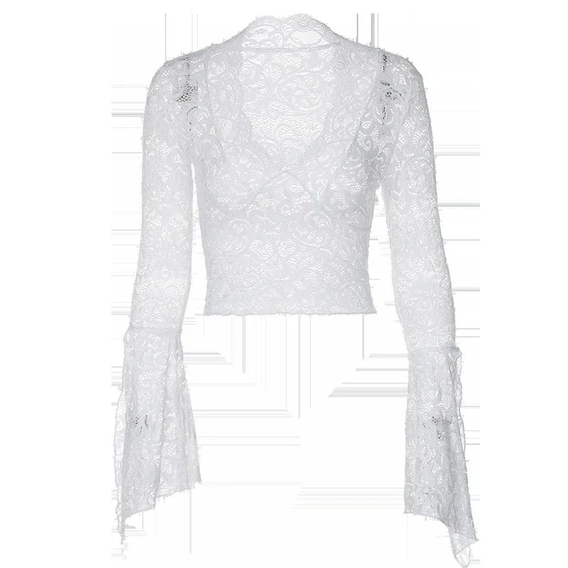 Aesthetic Lace Top Women Sexy Clothing See Through Deep V Neck Flared Long Sleeve T Shirts Party Clothes Clubwear