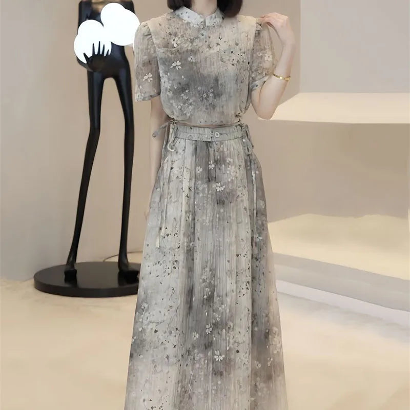 French national style printed skirt women's spring and summer new high-quality fashion design sense niche temperament two-piece