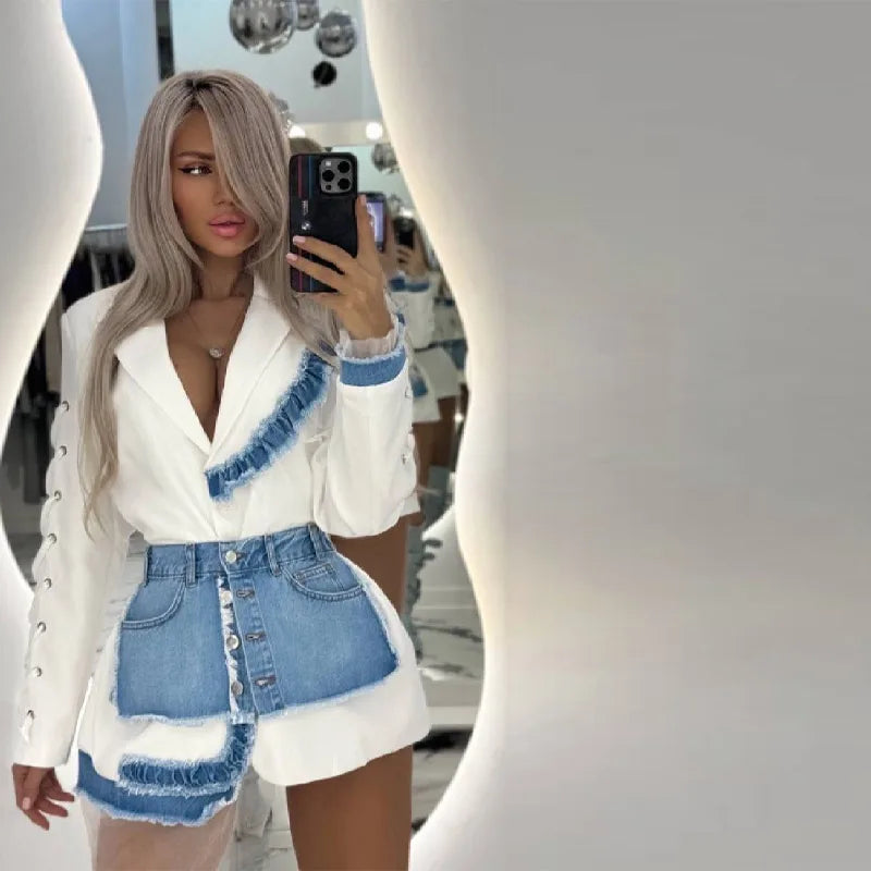 Stylish Patchwork Denim Mini Dresses Lace Deep V-neck Jacket Sexy Irregular Casual-chic Sexy Edgy Top Designers Streetwear
