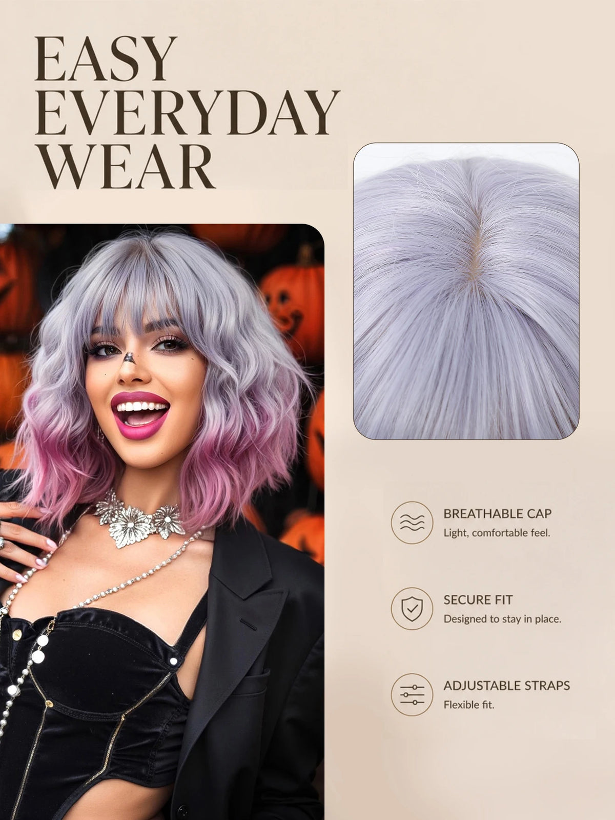 Pink Purple Ombre Curly Synthetic Wig With Bangs for Women
