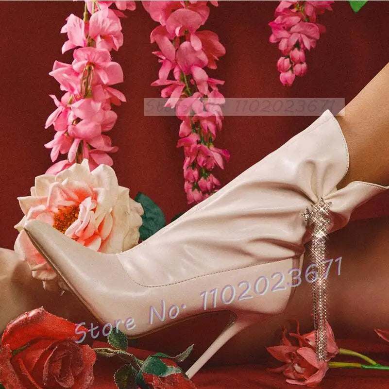 Pink Crystal Rhinestone Fringe High Heel Ankle Boots for Women