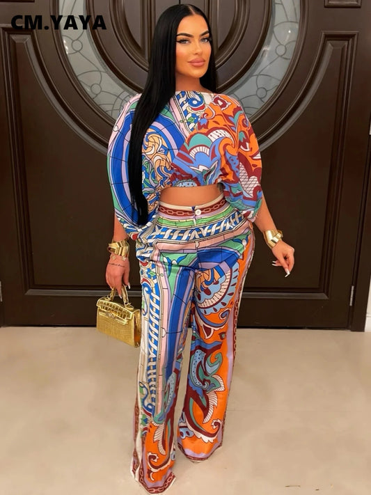CM.YAYA Paisley Women's Set Batwing Sleeve Blouses and Wide Leg Pants 2024 Summer Spring Two 2 Piece Sets Outfits Tracksuit