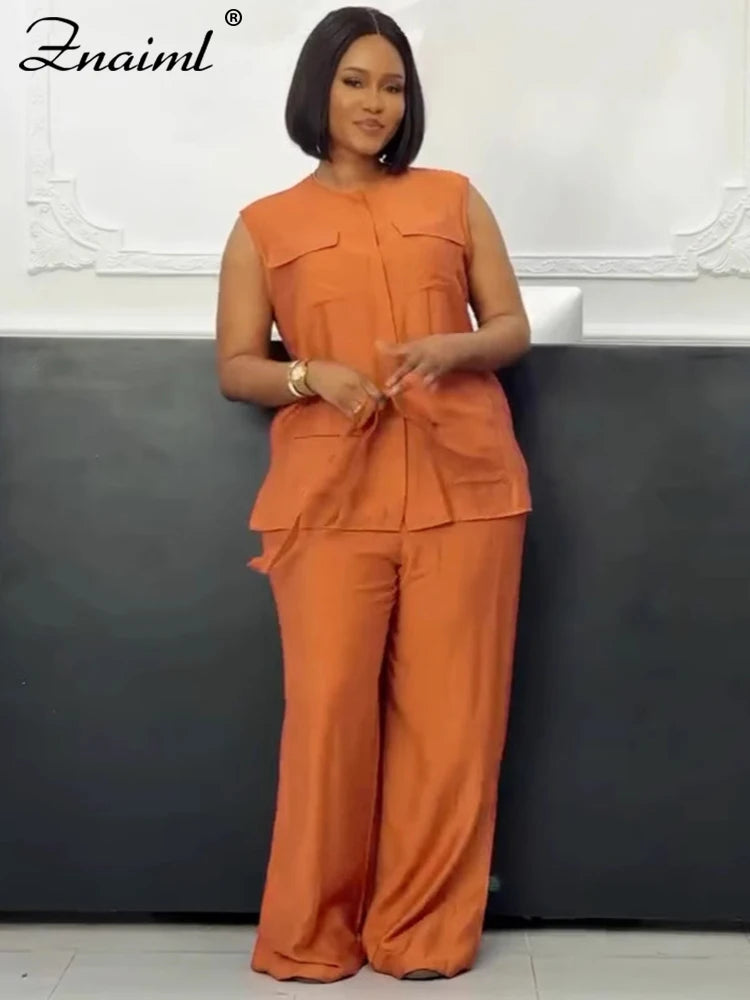 Znaiml Elegant Loose O-neck Sleeveless Pockets Bandage Top and Wide Leg Pants 2 Pieces Sets Women Casual Streetwear Outfits y2k