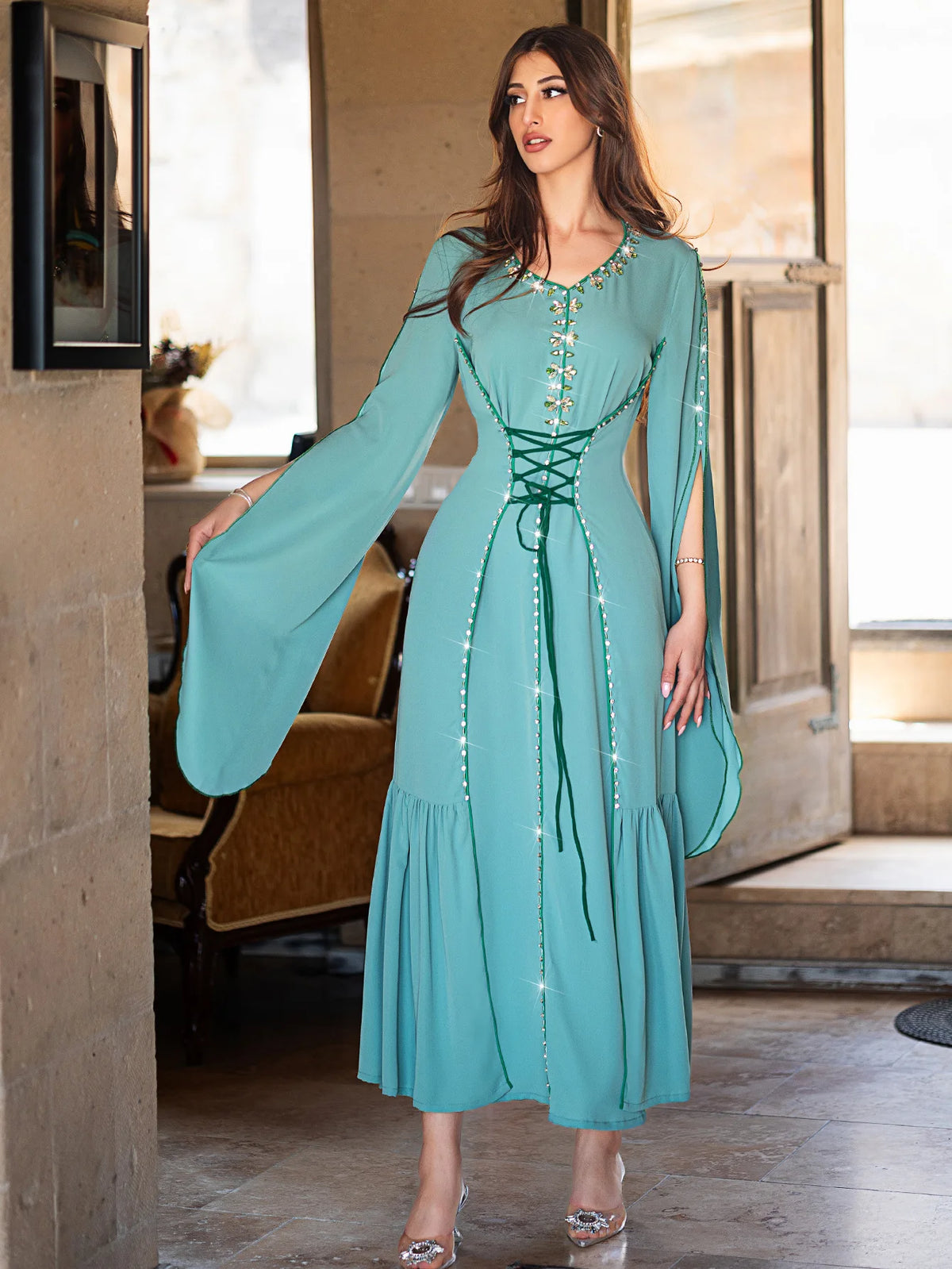 Diamond Embellished Moroccan Kaftan Maxi Dress for Women