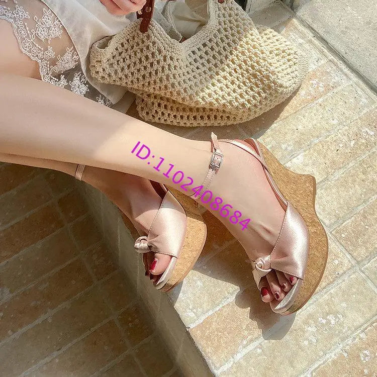 Summer Satin Peep Toe Slingback Wedge Platform Bow Sandals for Women