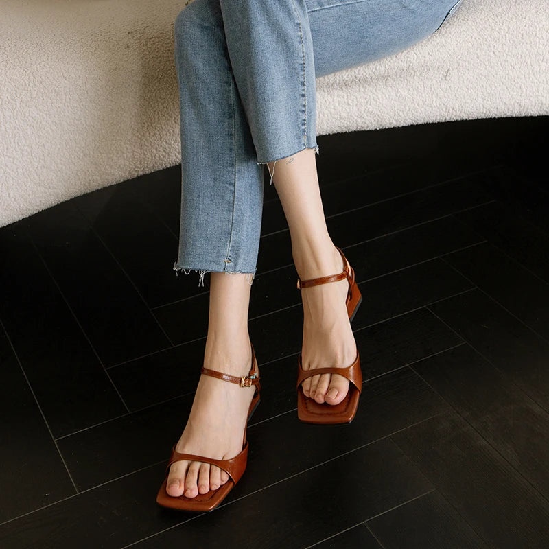 Summer Narrow Band Elegant Square Heel Sandals for Women