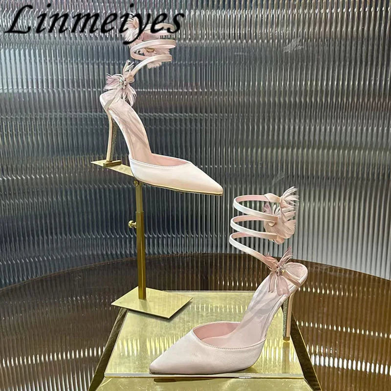 Rhinestone Feather Flower Embellished Ankle Strap High Heel Sandals for Women