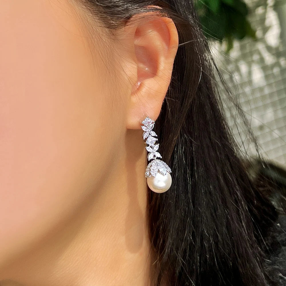 Elegant Cubic Zirconia Leaf Pearl Drop Earrings for Women