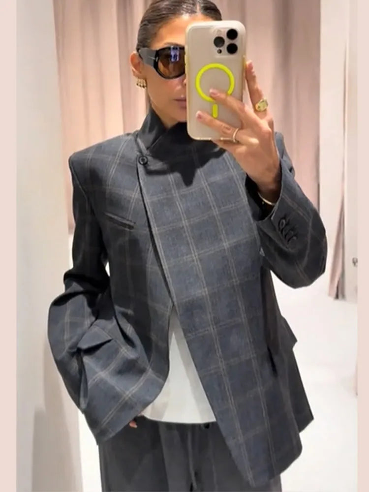 Vintage Plaid Lapel Blazer and Shorts Set for Women