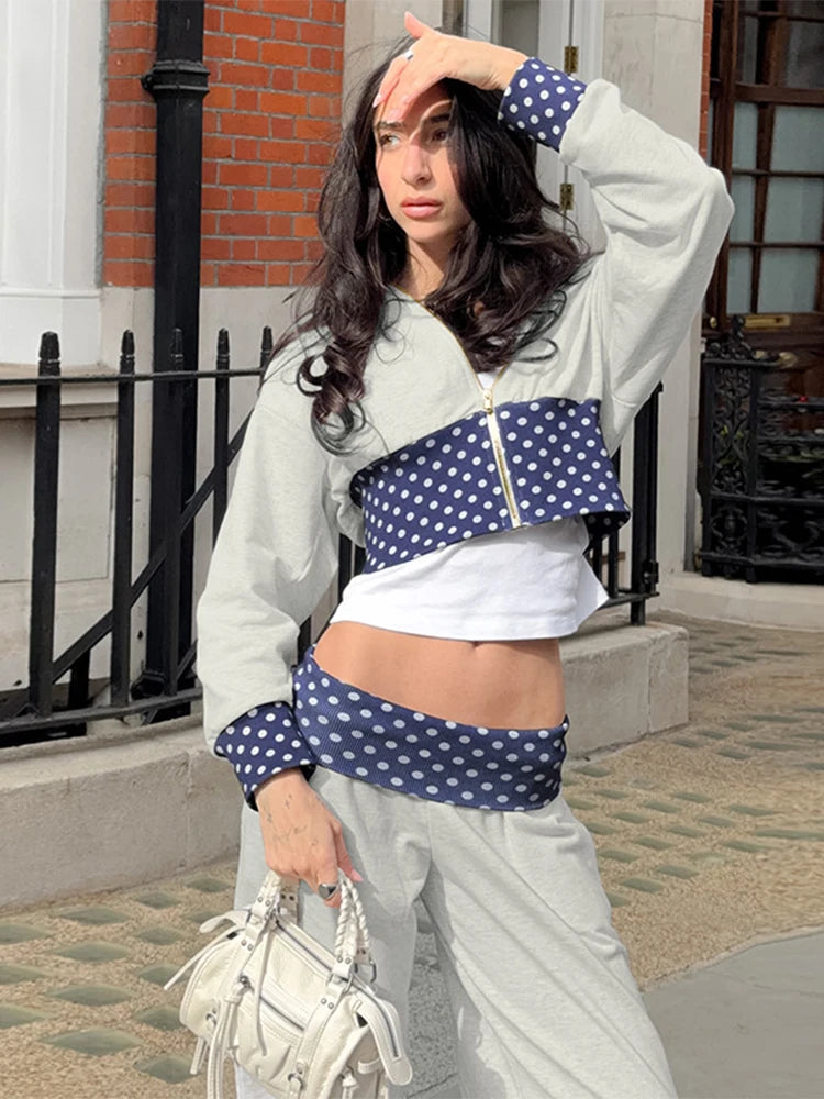 Polka Dot Hooded Zipper Crop Top And Wide Leg Pants For Women