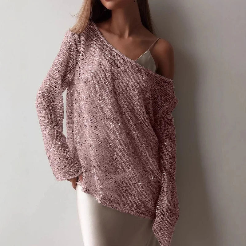 Elegant Sequined Long Sleeve Pullover Blouse for Women