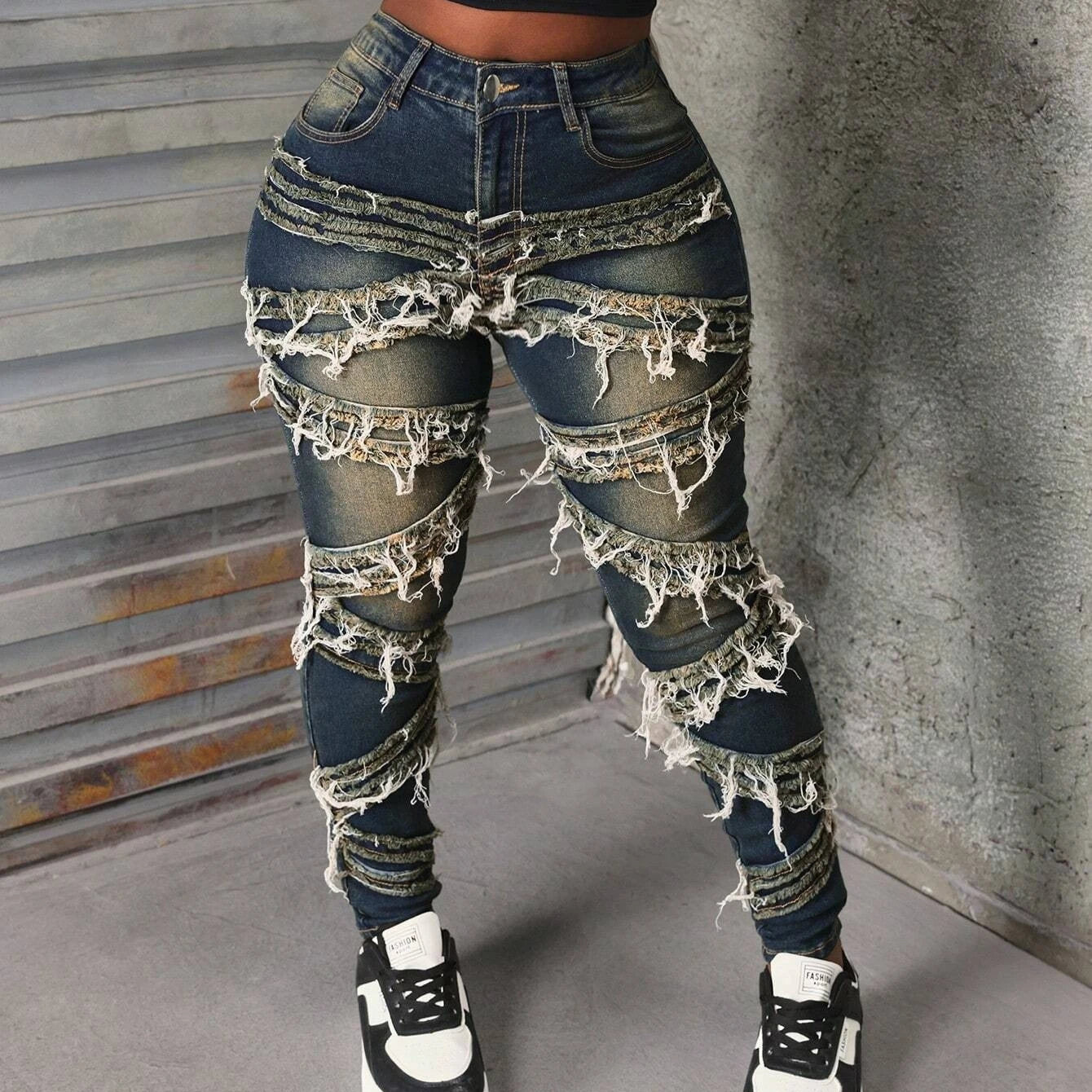 FAGADOER Y2k Fashion Tassel Patchwork Pants for Women Summer  New Tie-dye High Waist Jeans Female Y2k Streetwear Bottoms New