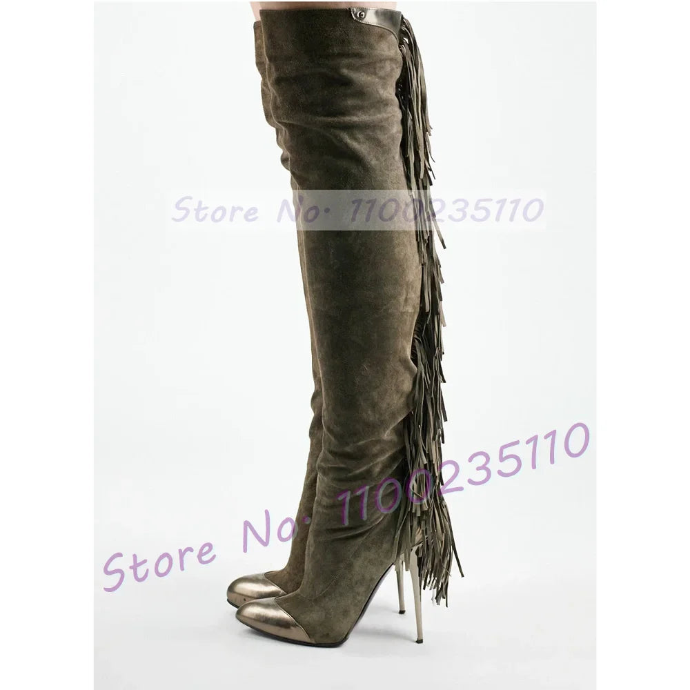 Grey Fringe Leather Over Knee Boots