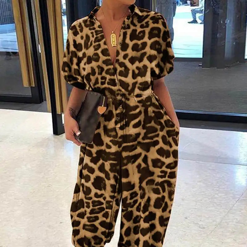 Leopard Print Short Sleeve Lace-Up Pocket Jumpsuit for Women