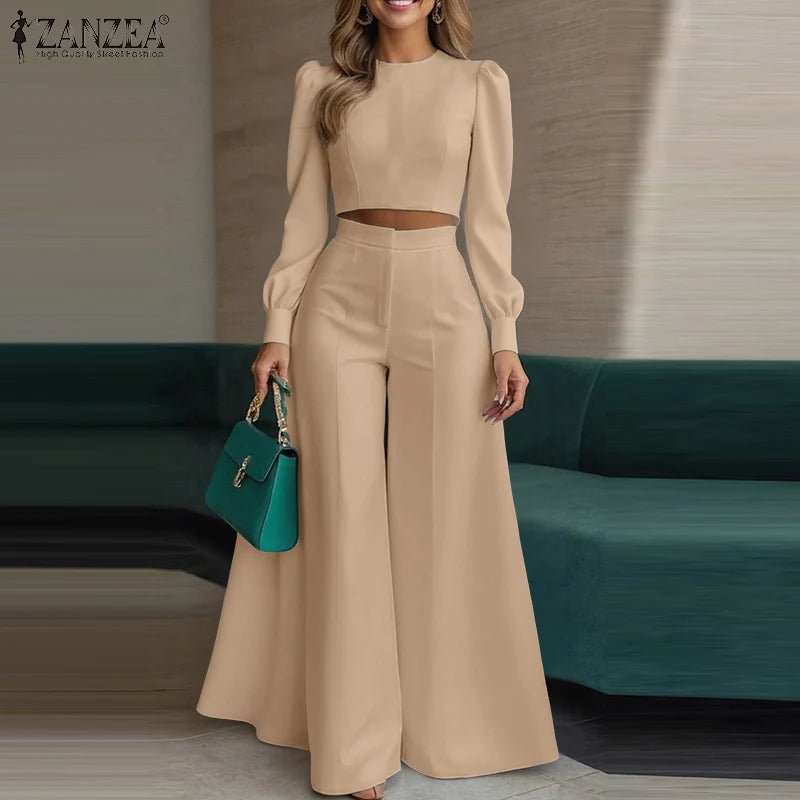 2025 Autumn Pant Sets ZANZEA Fashion 2PCS Women Outfits Solid Tracksuits Suit Long Sleeve Blouses Wide Leg Trousers 2 Piece Set