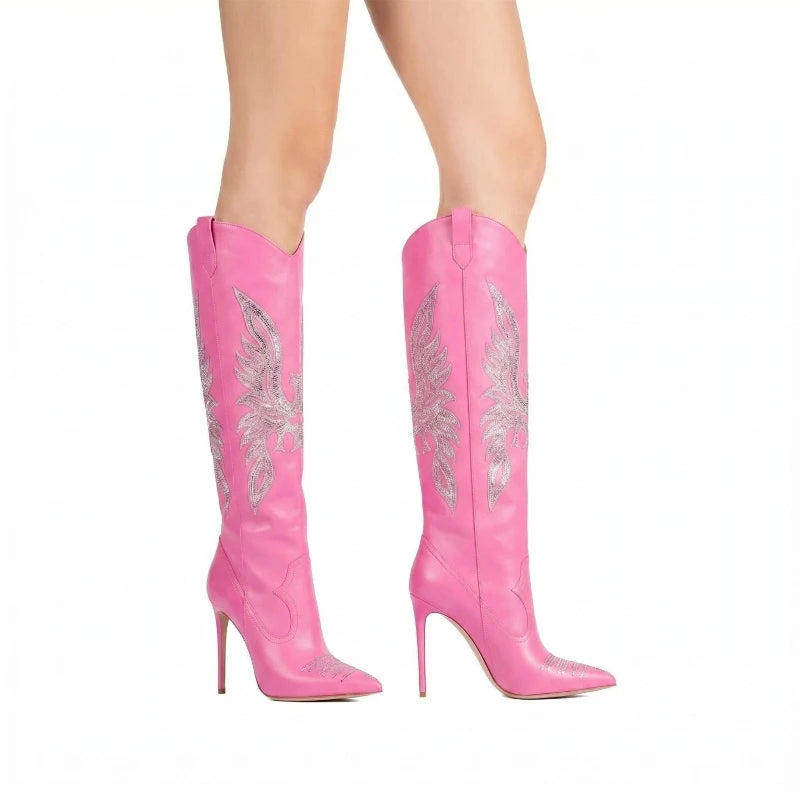 Retro Embroidered Rhinestone Knee High Cowboy Boots for Women