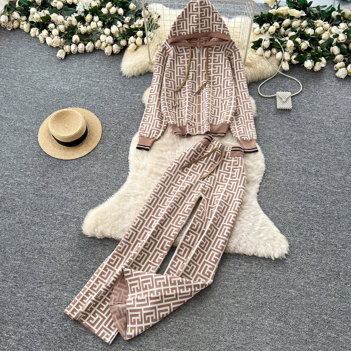 Geometric Print Hooded Knit Two Piece Set for Women
