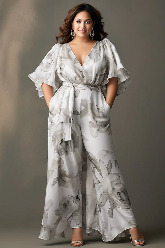 Flycurvy Plus Size White Everyday Flutter Sleeve With Belt Pocket Floral Print Chiffon Jumpsuit