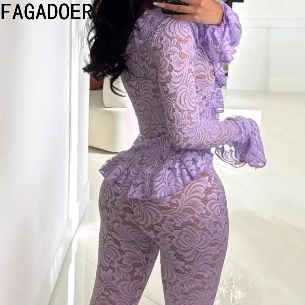 FAGADOER Sexy Lace See Through 2 Piece Sets Woman Outfit Mesh Hollow Out Crop Top and Shorts Suit Female Y2K Streetwear Clothing