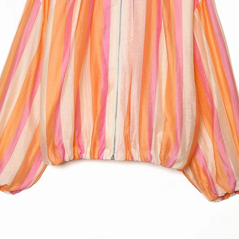 Elegant Striped with Stand Collar Jacket for Women