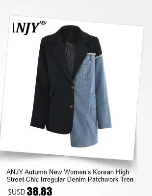 ANJY Autumn New Women Vintage Streetwear Ins Stylish Denim Patchwork Single Breasted Coat Casual Elegant Asymmetric Blazer A8421