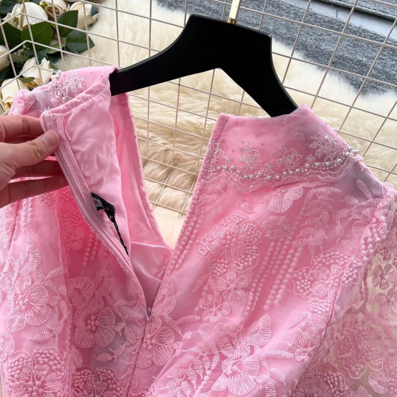 Elegant Lace Embroidery A Line Midi Dress for Women