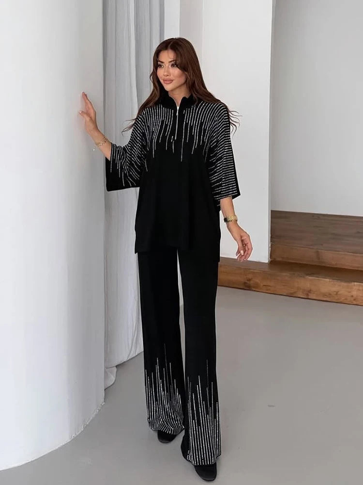 Elegant Casual Sequin Two Piece Top And Pants Set For Women