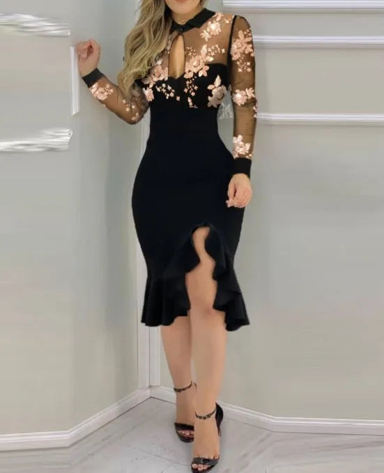 Women Sexy See-Through Mesh Dress Patchwork Ruffles Floral Dress Long Sleeve Party Slim Dress Elegent Daily Wear
