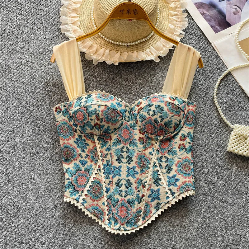 Vintage Floral Lace Spliced Camisole Tank Top for Women