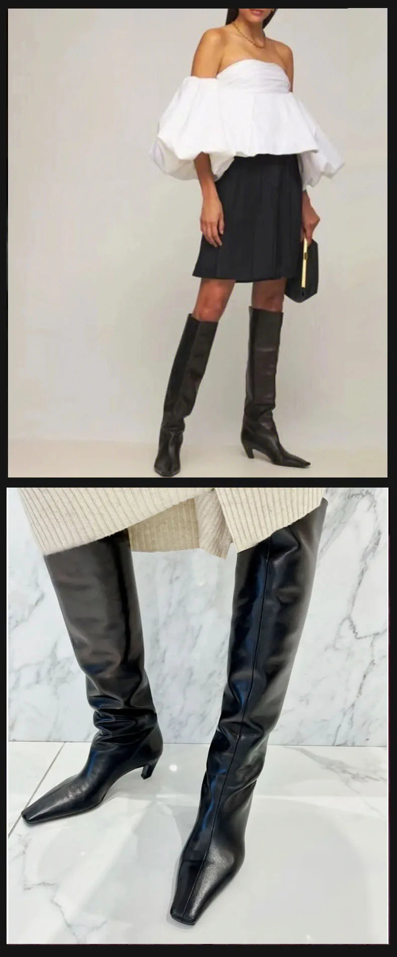 Square Toe Leather Knee High Boots With Zip Closure For Women