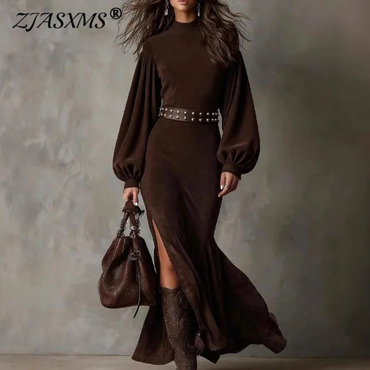 Autumn Side Split O Neck Maxi Dress