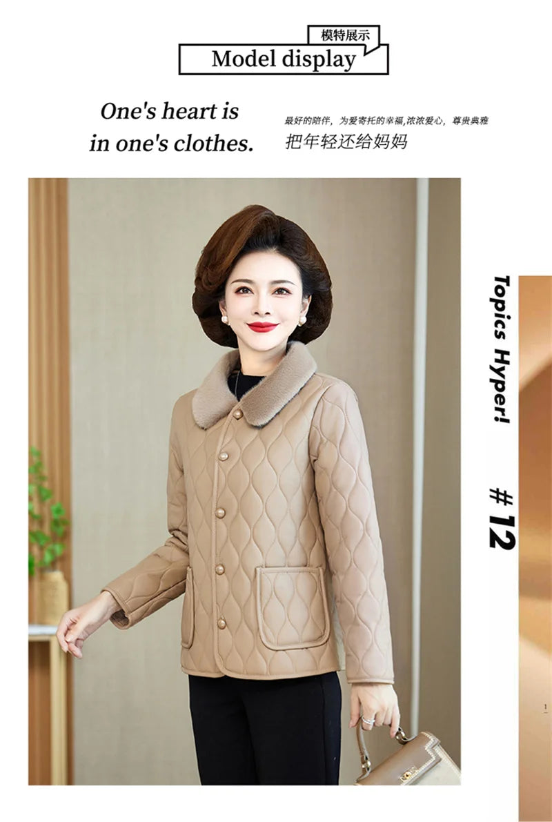 Winter Plush Jacket Winter Mom's Fashion Plus Size Loose Thick Fur Collar Coat For Mid-Aged Women With Velvet Warm Quilted Coat