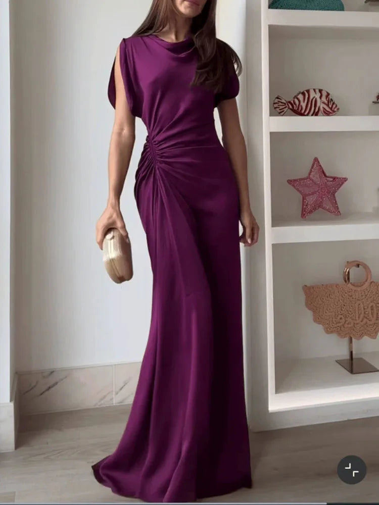 Women Fashion Hight Waist Solid Long Dress 2025 Summer Casual Draped Slim Party Dress Elegant O-neck Short Sleeve Evening Dress