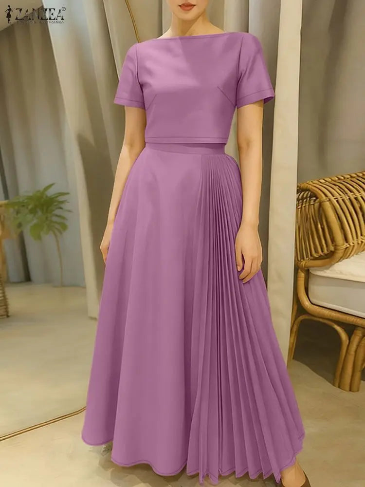 Boatneck Crop Top and Pleated Skirt Set