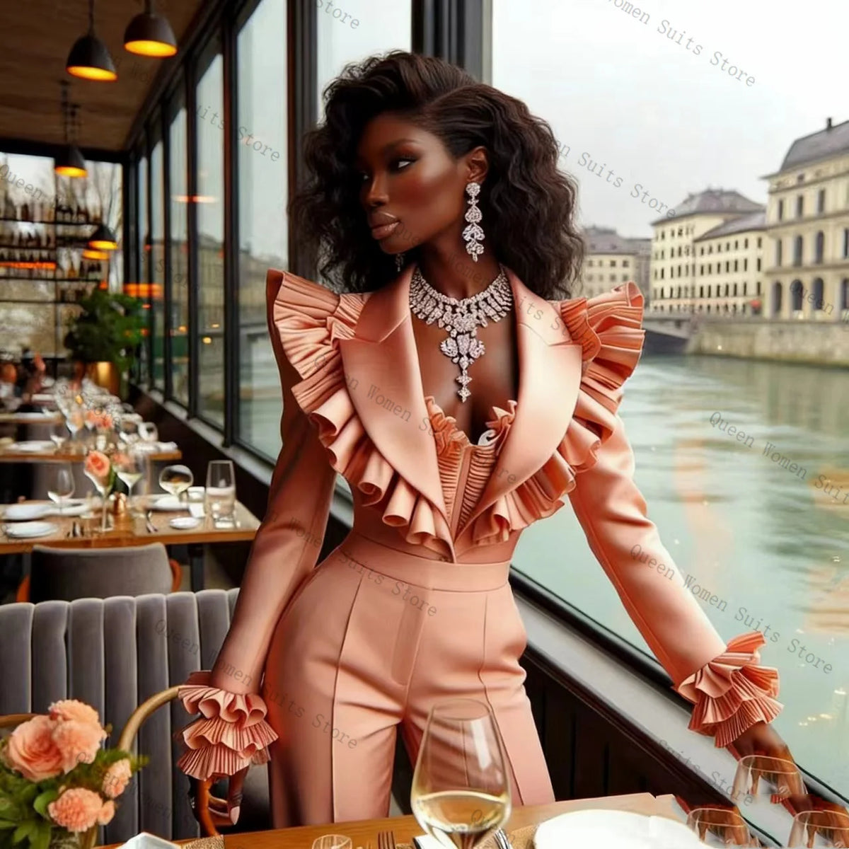 Sophisticated Ruffle Sleeve Two Piece Suit Set for Women