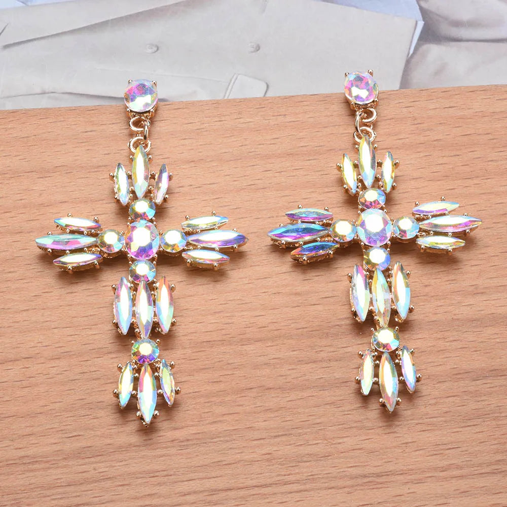 Black Crystal Rhinestone Cross Dangle Earrings for Women