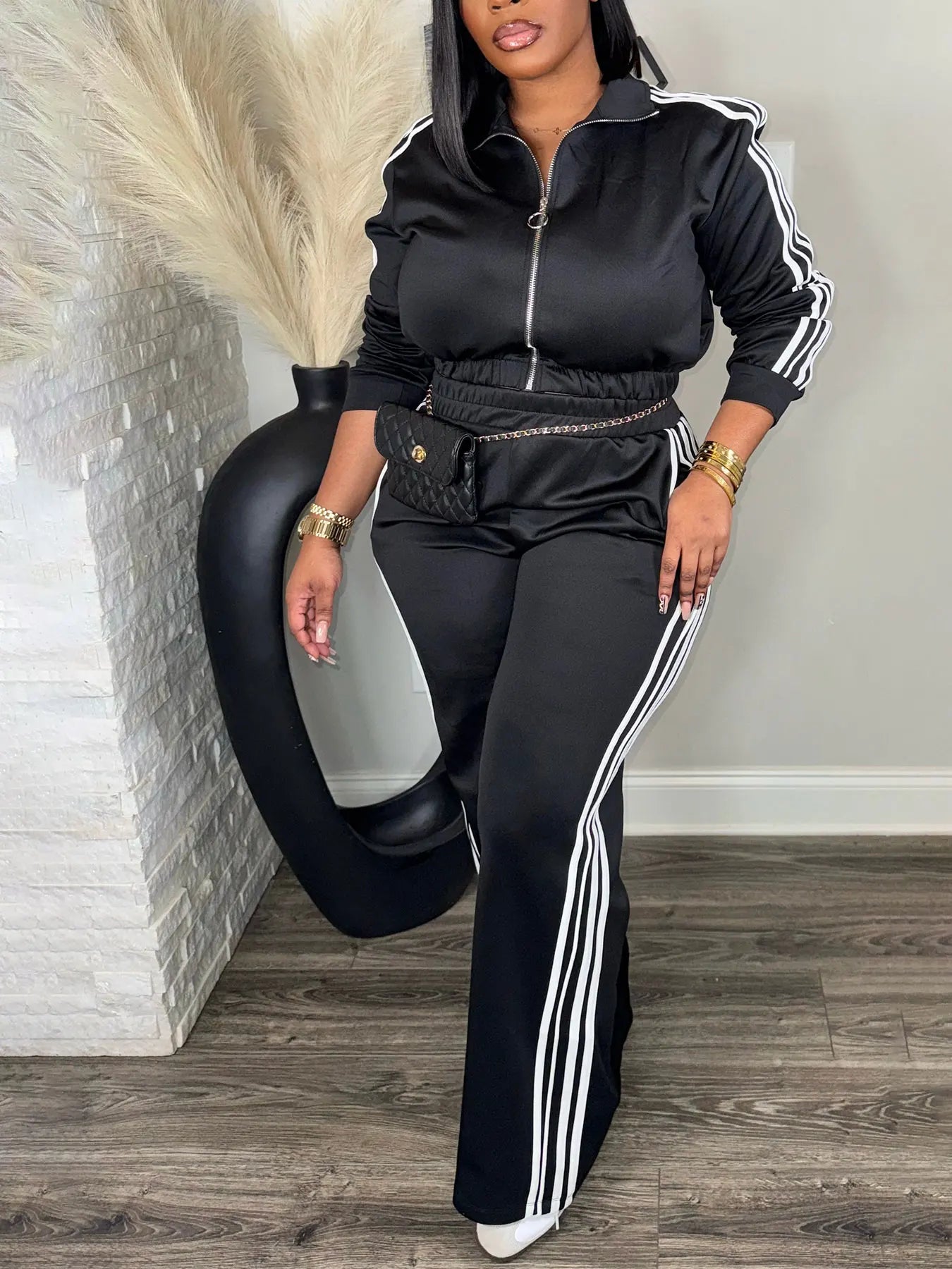 Women’s 2 Piece Tracksuit Set Zip-Up Top + High Waist Pants Side Stripe Casual Outfit