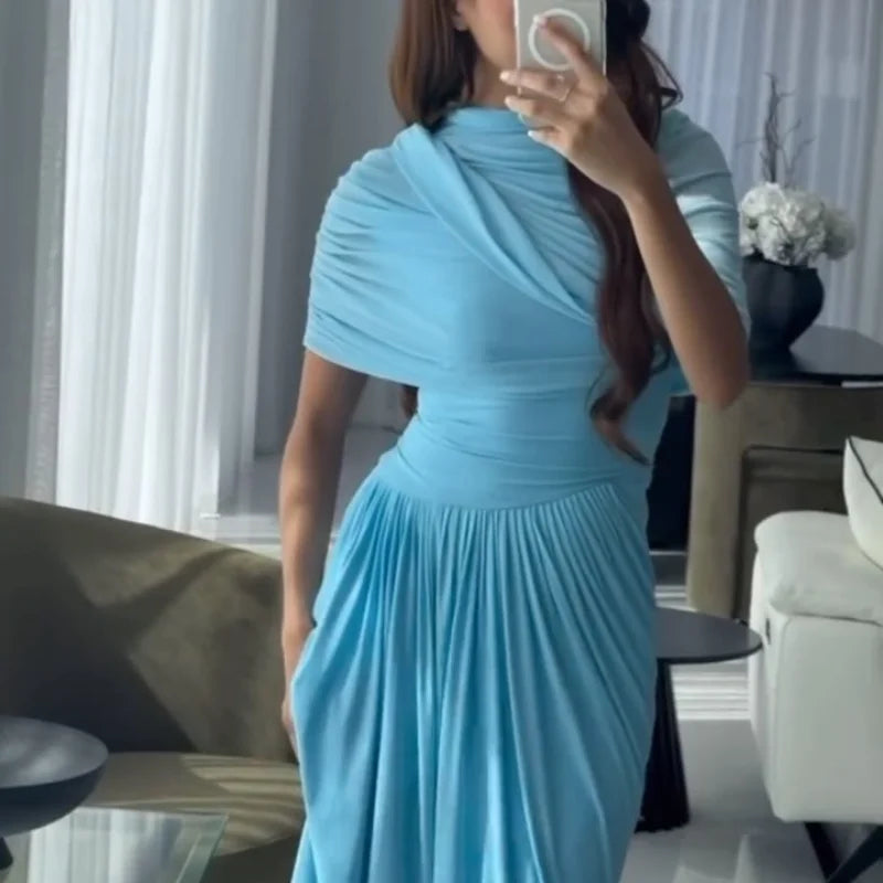 Blue Pleated Shawl Maxi Dress Women Elegant Short Sleeve Slim Fit Evening Party Robe 2025 Autumn Summer Chic Solid New Vestidos