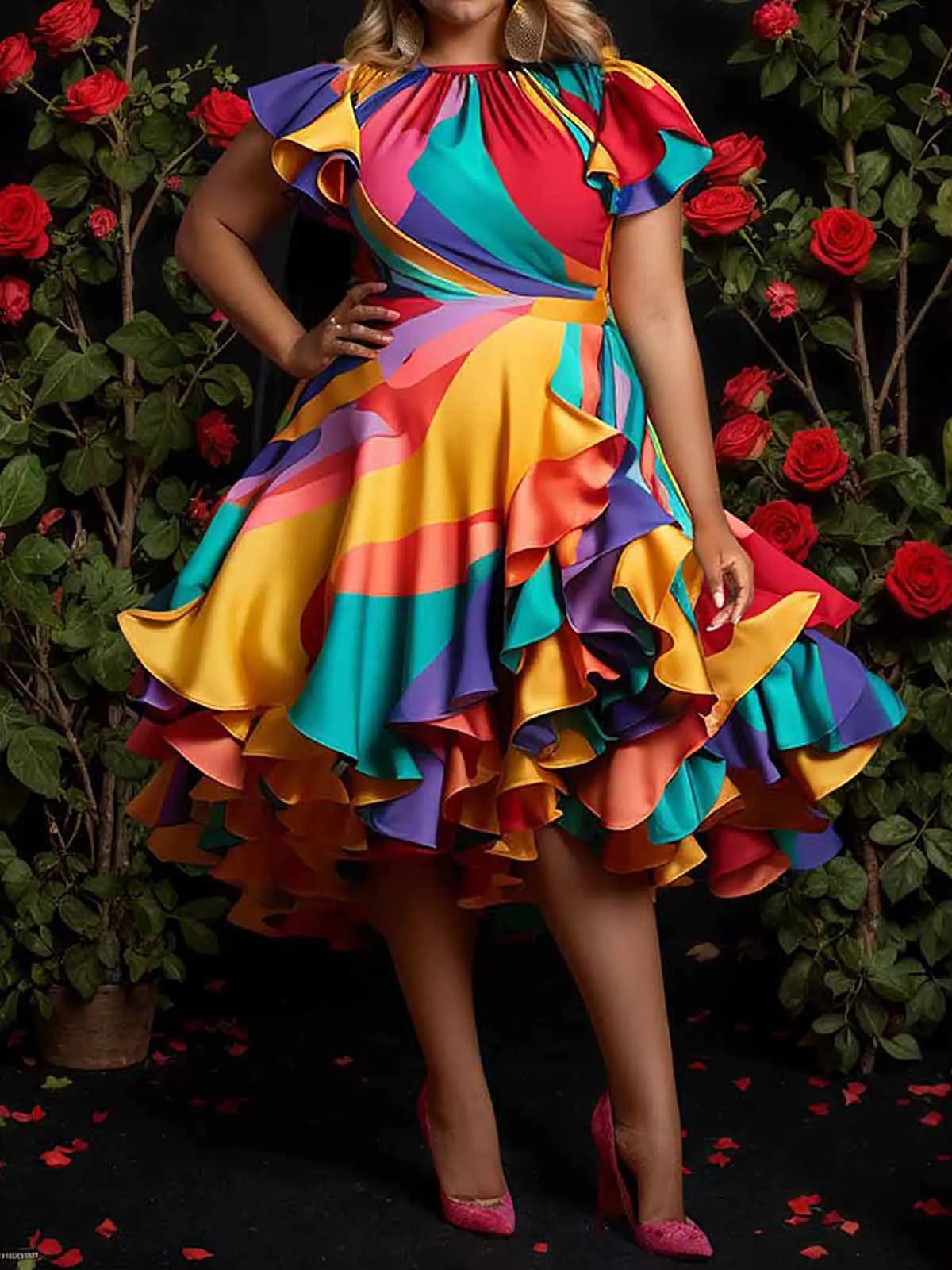 Plus Size Vintage Satin Colorblock Dress