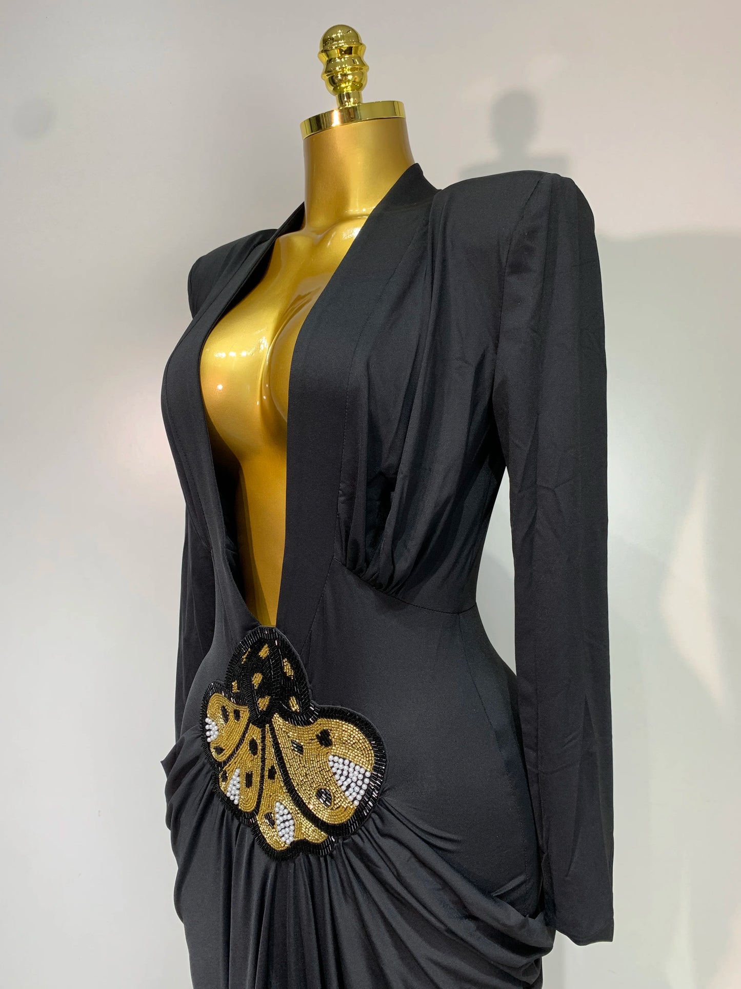 Women Sexy Deep V-Neck Bead Long Sleeved Bodycon Prom Gowns Elegant Celebrity Evening Maxi Dress Luxury Birthday Dress Wedding