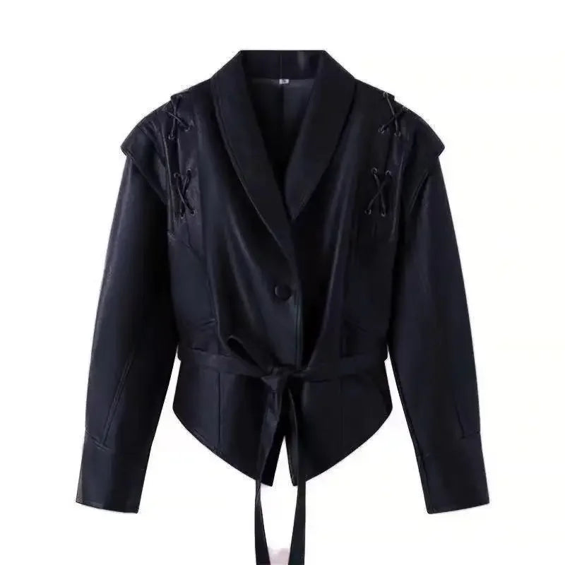 Women Leather Bomber Jackets Coats With Belt Notched Shoulder Pads Motorcycle Street Chic Short Outwear Fashion Solid Lace Up