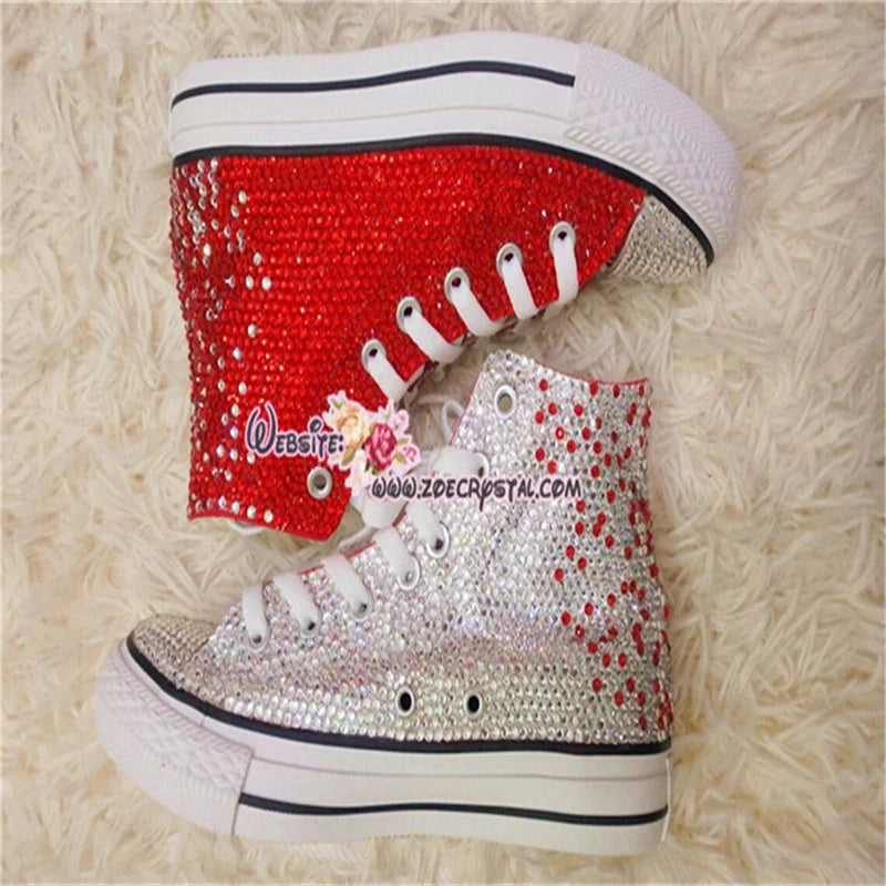 Red Rhinestone Lace Up High Top Canvas Shoes for Women