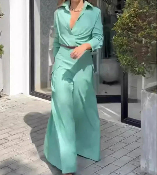 2 Piece Set Women Clothes Elegant Commute Long Sleeve Top & High Waist Wide Leg Pants Fashion Suit for Female 2025 Summer New