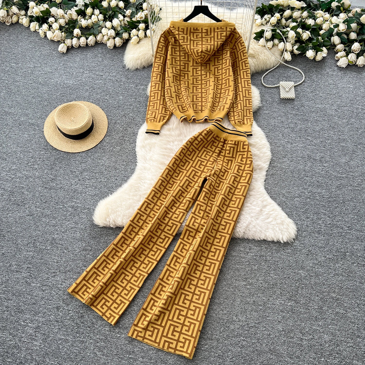 Geometric Print Hooded Knit Two Piece Set for Women