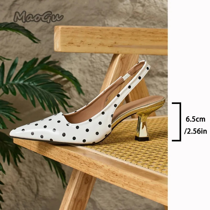 White Polka Dot Slingback Kitten Heel Pumps for Women