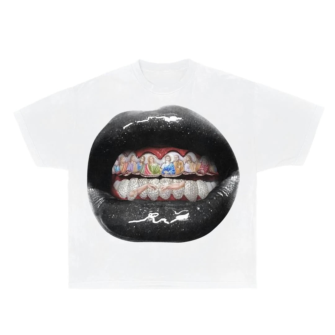 Artworks in Harajuku Streets Popular Women Rosy Lips Feature Print Shopping T-shirts Men Loose Elastic Summer Couple's Clothing